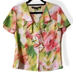 Kasper sportswear womens medium v-neck ruffle blouse button front pastel colors